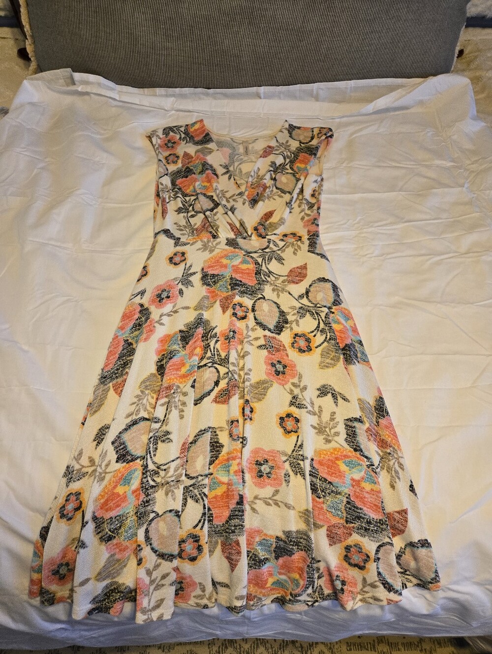 Floral Fit & Flare Dress in Cream with Coral and Teal Accents